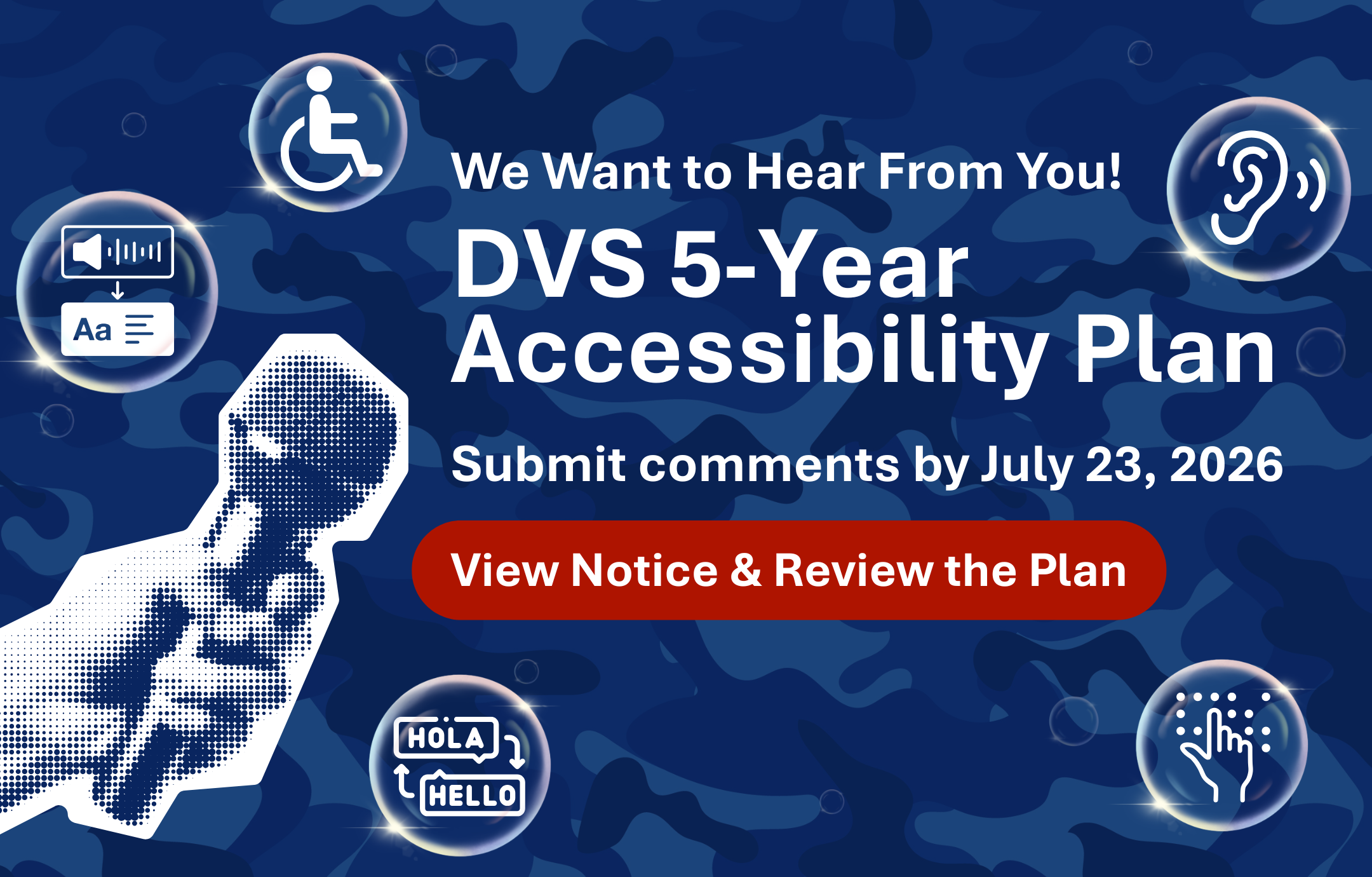 a blue camo background with a hand holding a microphone, surrounded by bubbles containing icons for hearing aids, language accessibility, voice-to-text, braille, and a wheelchair
                                           